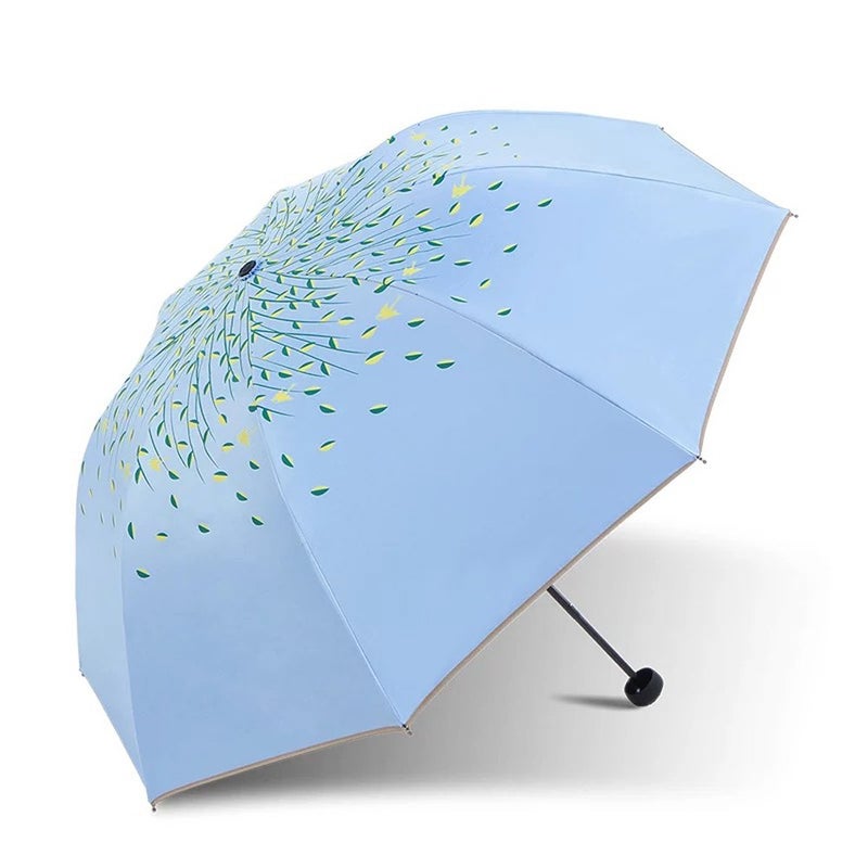 SudaTek Green Leaf Tree Folding Travel Sun Umbrella Sunblock UV Protection UPF 50+ Rain Resistant Compact Size Parasol Fold into Purse (Blue) - Image 4